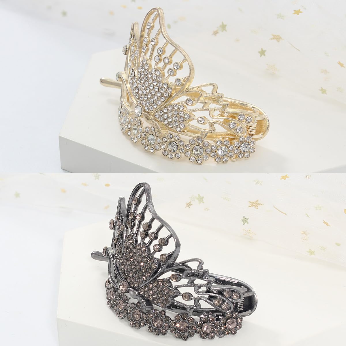 2 Pcs Butterfly Hair Clips for Women | Sparkling Created Crystal Hair Clips Strong Hold Flat Hair Pins for Women | Flat Clips Barrettes Girls’ Hair Styling Tool Accessories | Wedding Accessories - Image 4