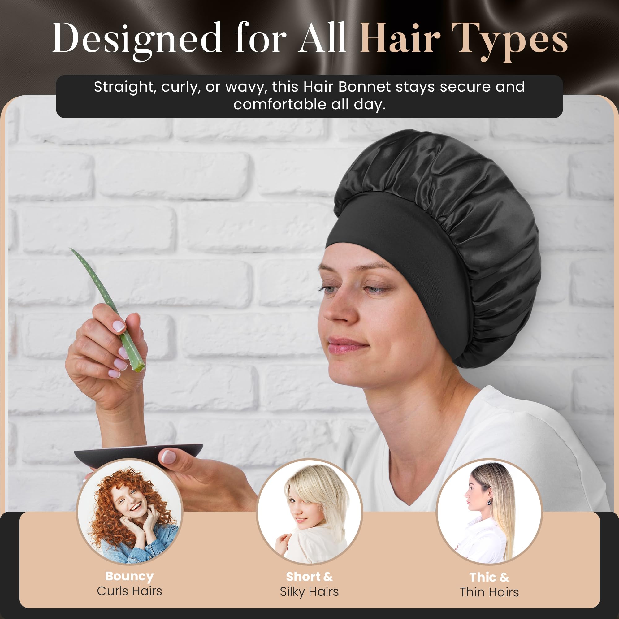 2 PCS Satin Hair Bonnet for Women | Elastic and Reusable Shower Hair Caps | Satin Bonnet for Sleeping Women, Shower Caps | Double Layers Hair Cap | Environmental Protection | 11.8Inches, Black - Image 3