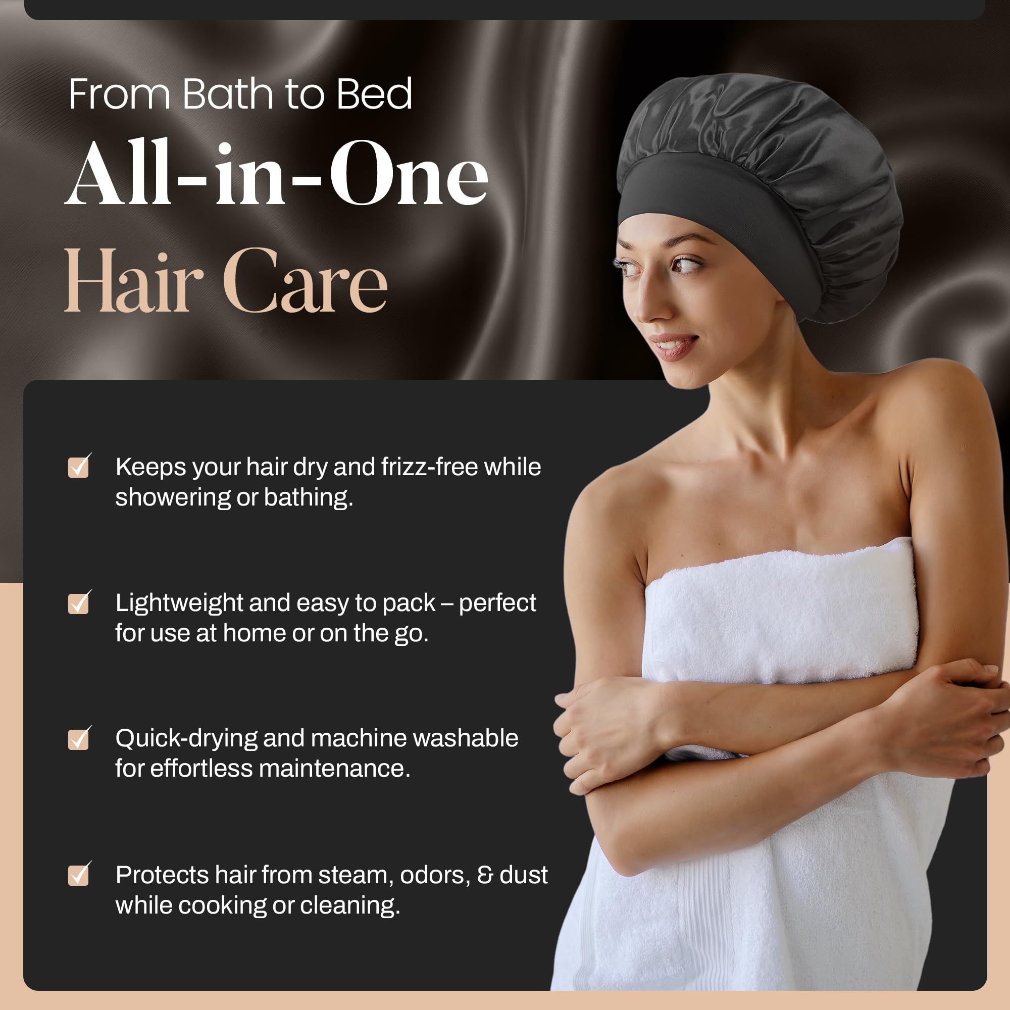 2 PCS Satin Hair Bonnet for Women | Elastic and Reusable Shower Hair Caps | Satin Bonnet for Sleeping Women, Shower Caps | Double Layers Hair Cap | Environmental Protection | 11.8Inches, Black - Image 4