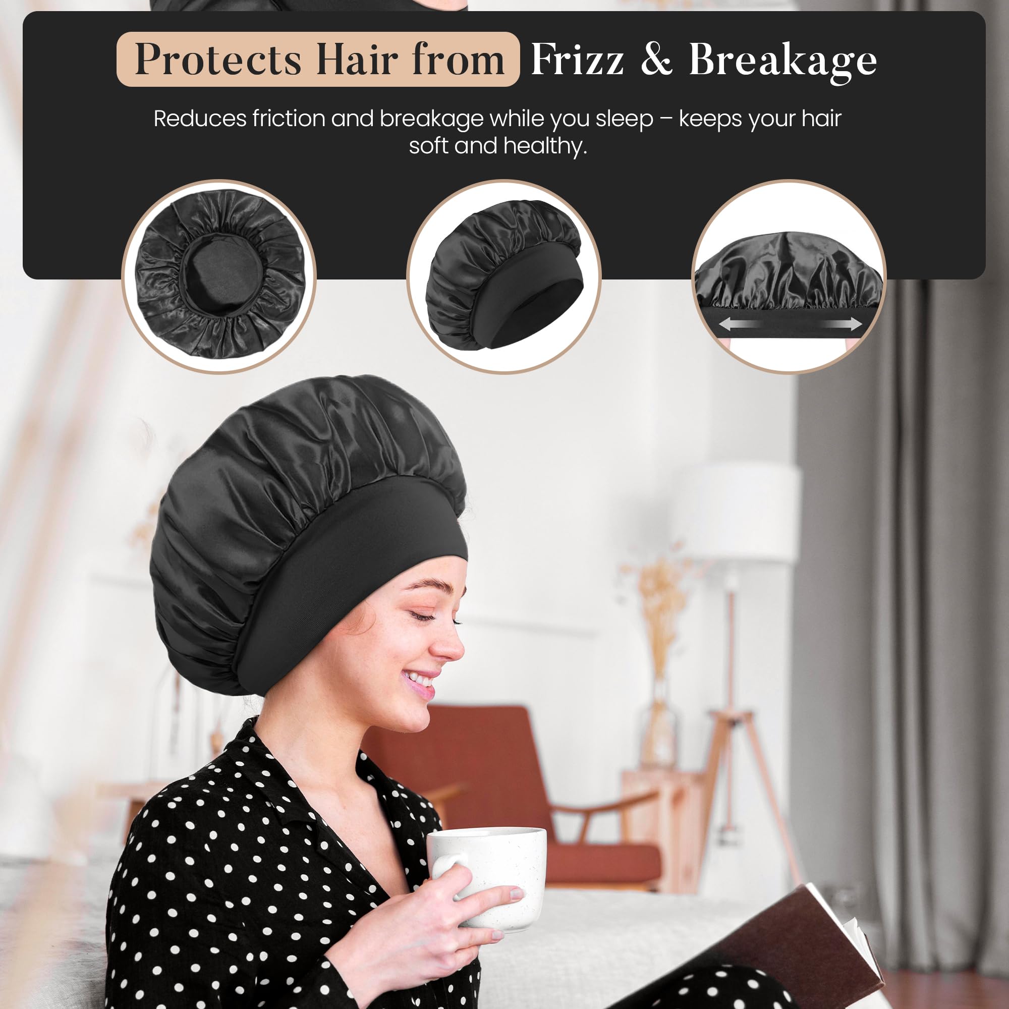2 PCS Satin Hair Bonnet for Women | Elastic and Reusable Shower Hair Caps | Satin Bonnet for Sleeping Women, Shower Caps | Double Layers Hair Cap | Environmental Protection | 11.8Inches, Black - Image 5