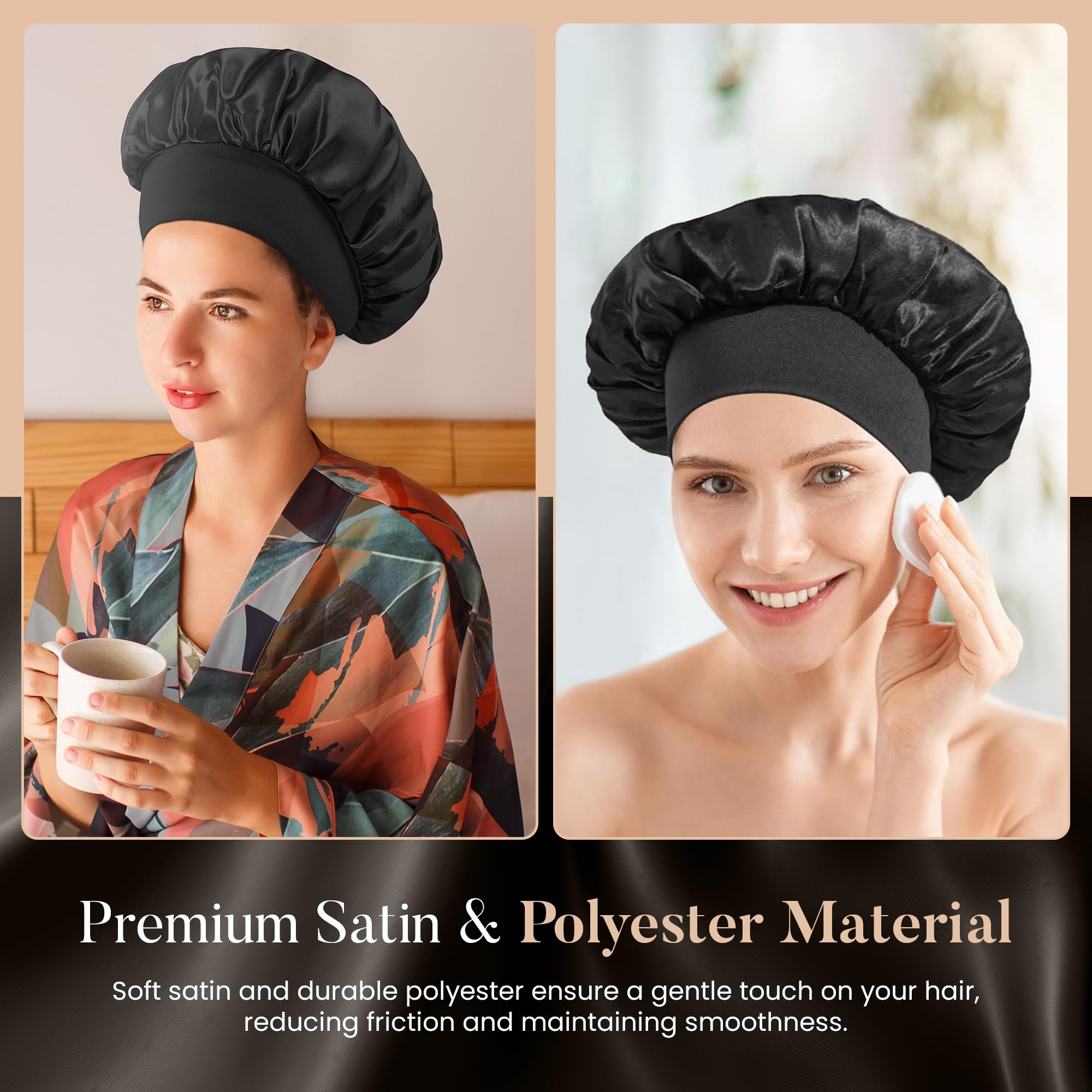 2 PCS Satin Hair Bonnet for Women | Elastic and Reusable Shower Hair Caps | Satin Bonnet for Sleeping Women, Shower Caps | Double Layers Hair Cap | Environmental Protection | 11.8Inches, Black - Image 6