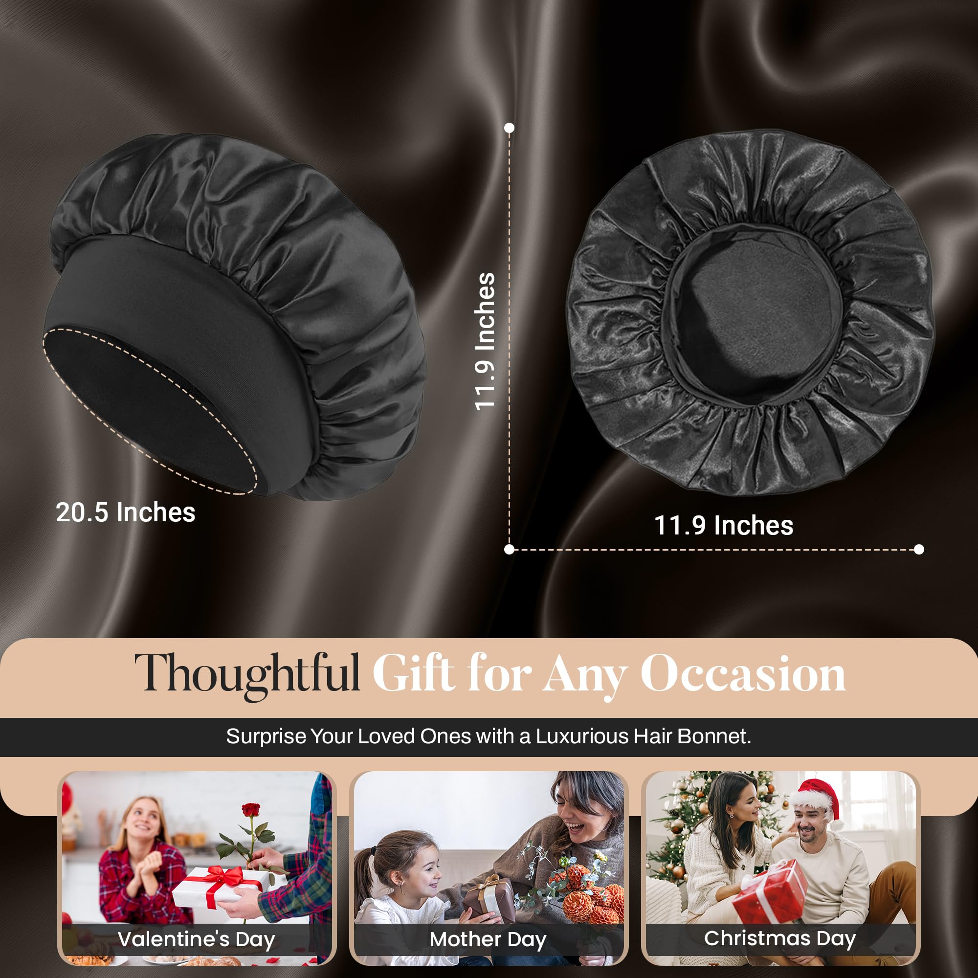 2 PCS Satin Hair Bonnet for Women | Elastic and Reusable Shower Hair Caps | Satin Bonnet for Sleeping Women, Shower Caps | Double Layers Hair Cap | Environmental Protection | 11.8Inches, Black - Image 7