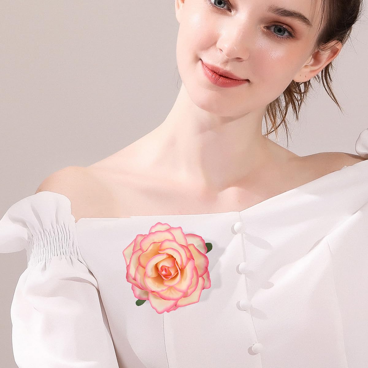 3.9 Inches Rose Hair Clip & Flower Brooches for Women | Vintage Design Clip Flowers for Hair Accessories | Charming Rose Flowers Pins for Clothes, Hairpins Party Supplies for Wedding (Pink & Beige) - Image 6