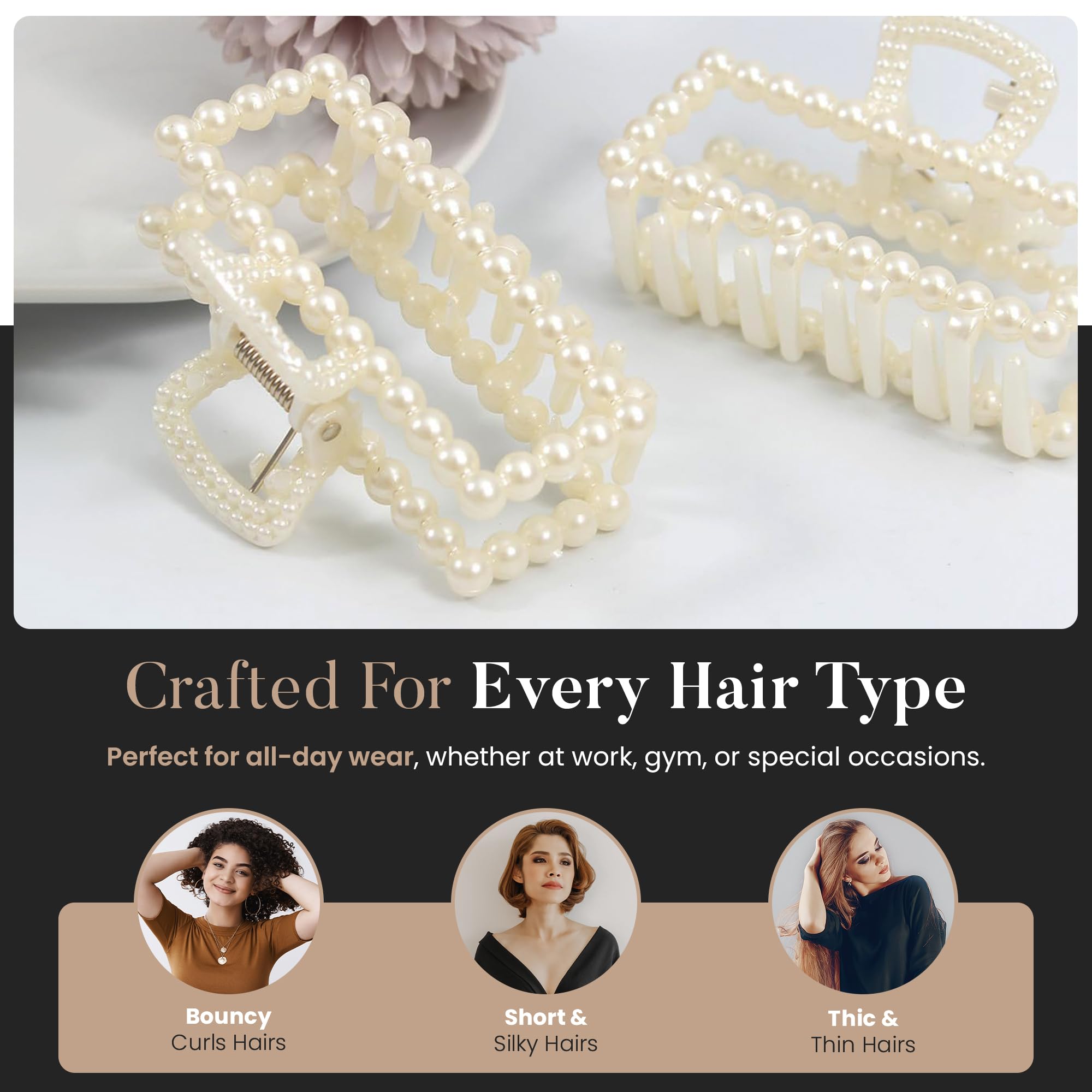 5 PCS Simulated Pearl Hair Claw Clips for Women | Multi-Use Barrettes for Thin Hair with Non-Slip Strong Hold | Barrettes for Thick & Curly Hair Accessories | Flat Claw Clips for Women, Off-White - Image 6