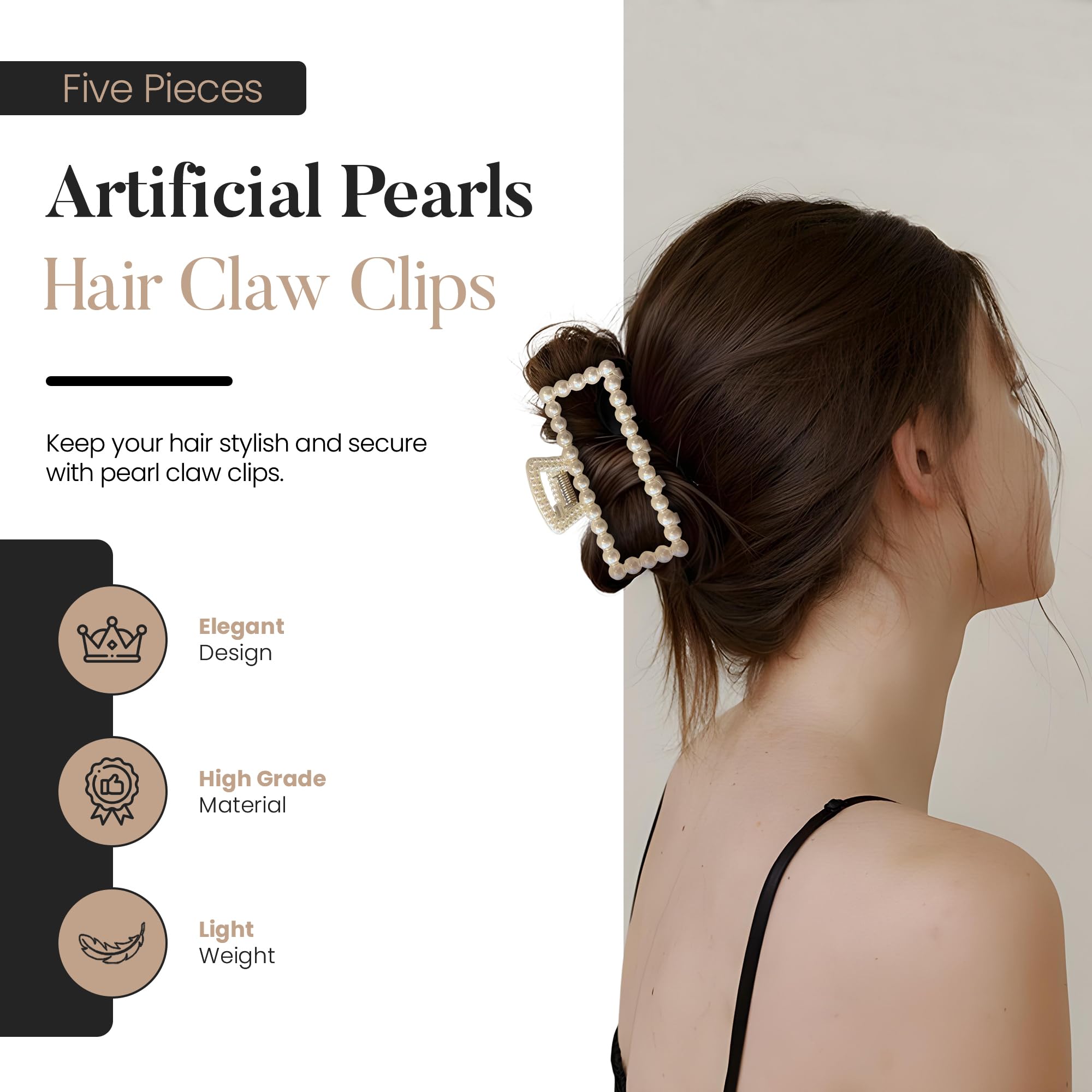 5 PCS Simulated Pearl Hair Claw Clips for Women | Multi-Use Barrettes for Thin Hair with Non-Slip Strong Hold | Barrettes for Thick & Curly Hair Accessories | Flat Claw Clips for Women, Off-White - Image 7