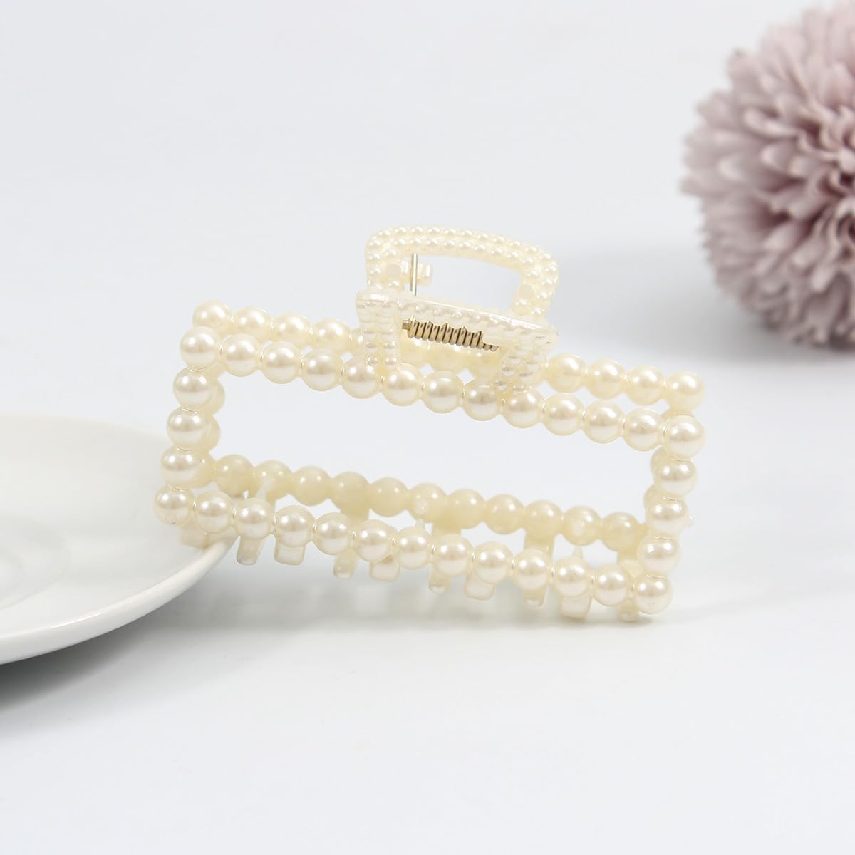 5 PCS Simulated Pearl Hair Claw Clips for Women | Multi-Use Barrettes for Thin Hair with Non-Slip Strong Hold | Barrettes for Thick & Curly Hair Accessories | Flat Claw Clips for Women, Off-White - Image 8