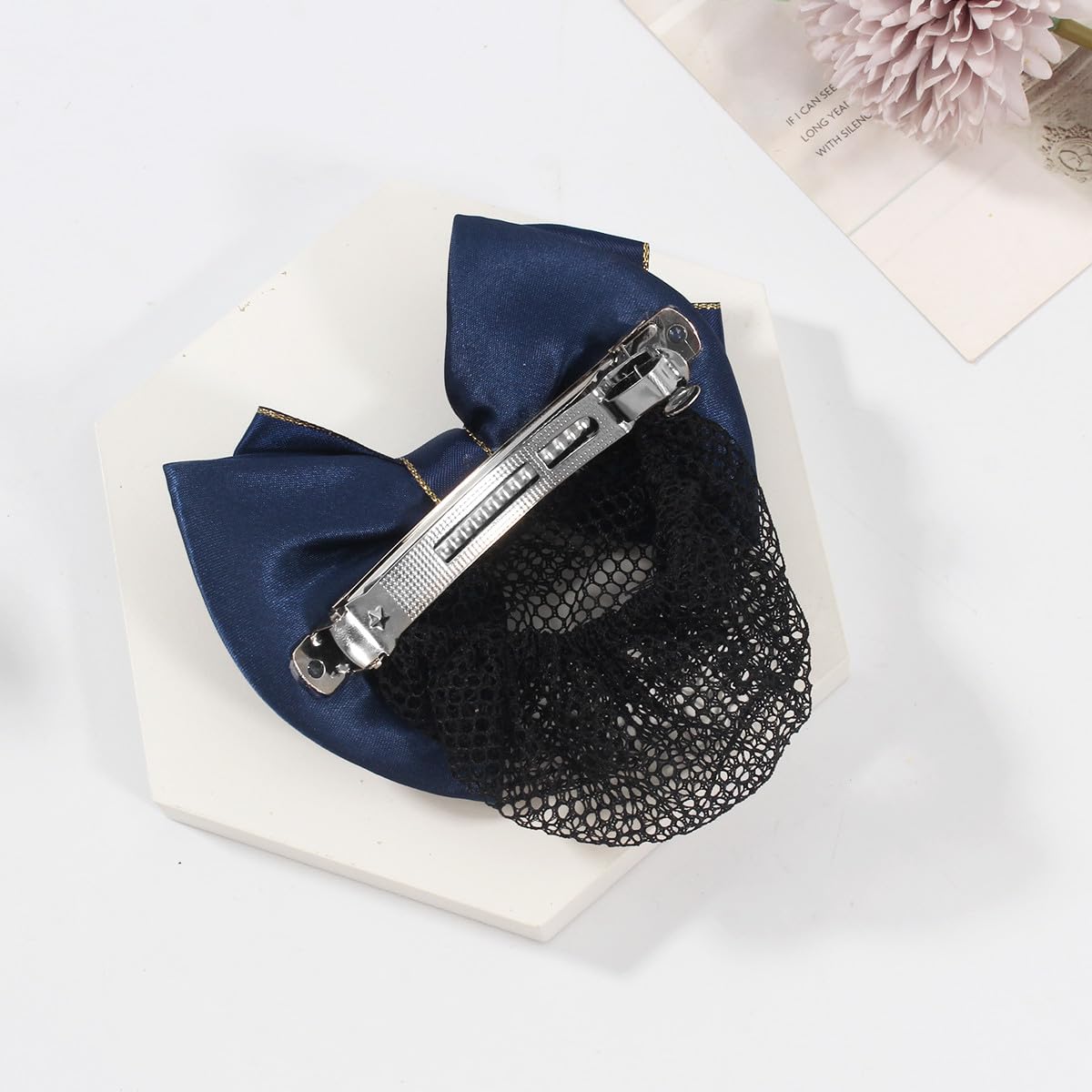 Bowknot Hair Bows for Women, Hair Nets for Buns | Hair Bows Fine Mesh with Lace Hair Net | Big Bows for Girls & Snoods for Women Hair | Navy Blue Bows for Girls Hair | Bun Cover For Hair, Blue - Image 3