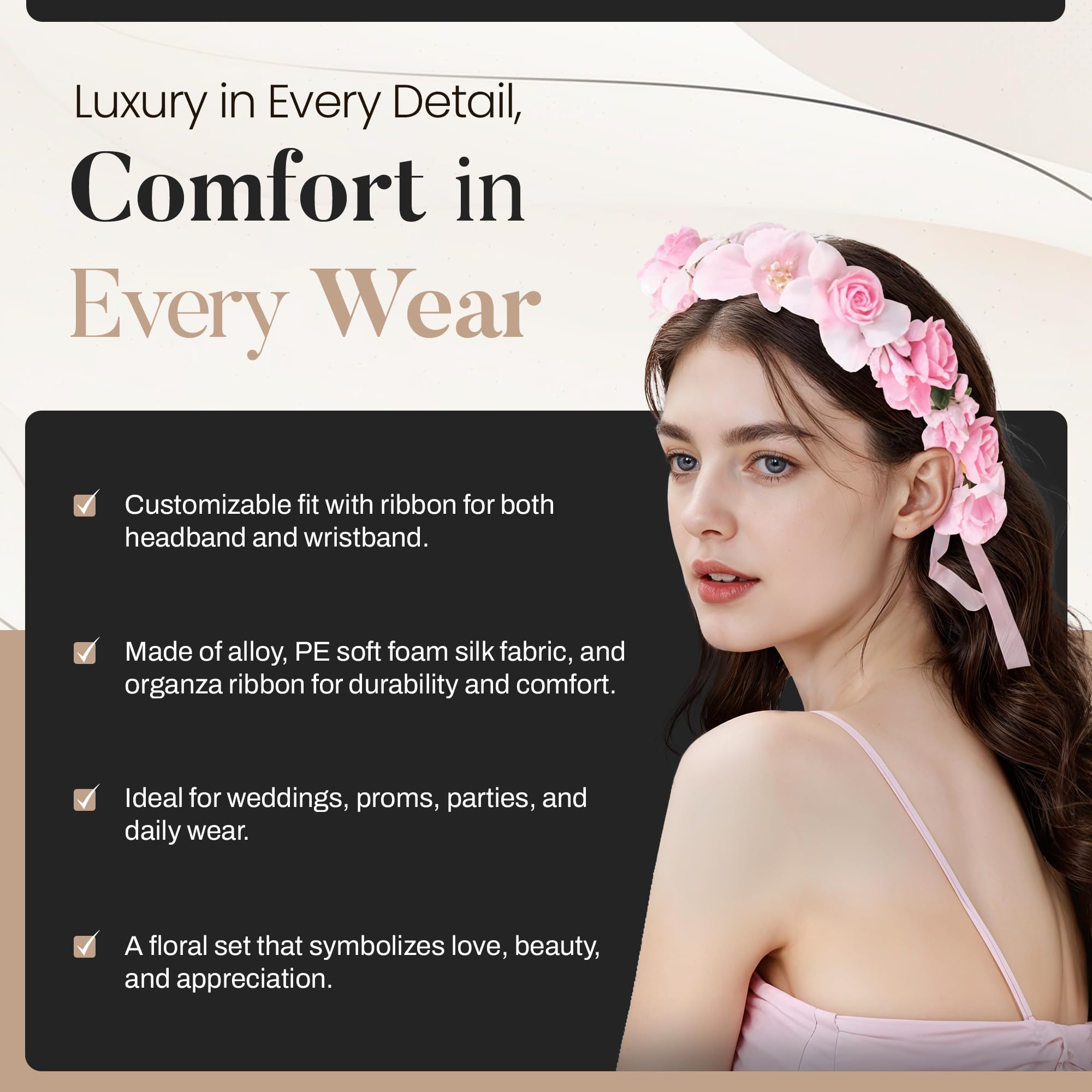 Floral Crown Wrist Bands Set For Women | Wedding Hair Accessories | Adjustable Hair Crowns for Women, Flower Crown | Headbands with Ribbon Garland Wristbands | Accessories for Weddings, Parties, Pink - Image 3