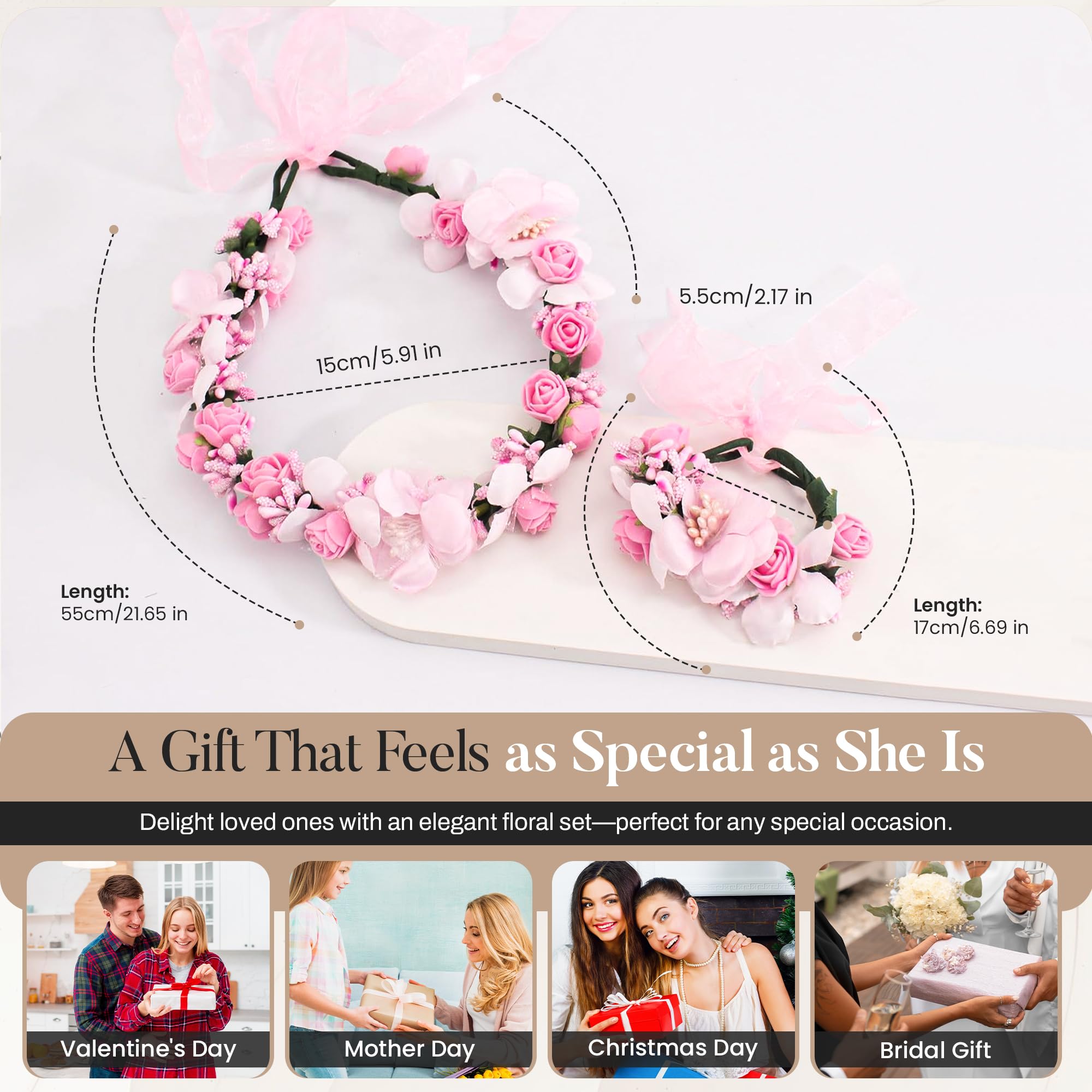 Floral Crown Wrist Bands Set For Women | Wedding Hair Accessories | Adjustable Hair Crowns for Women, Flower Crown | Headbands with Ribbon Garland Wristbands | Accessories for Weddings, Parties, Pink - Image 4