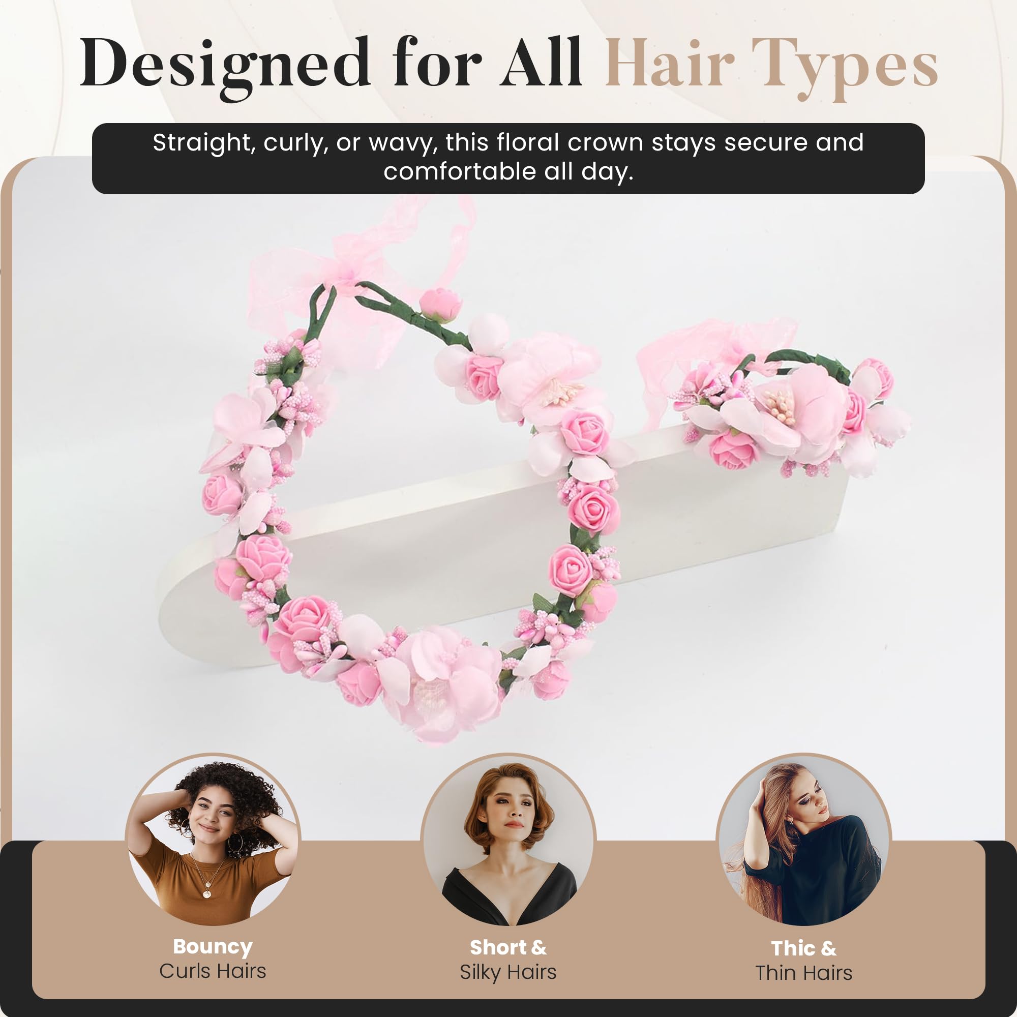 Floral Crown Wrist Bands Set For Women | Wedding Hair Accessories | Adjustable Hair Crowns for Women, Flower Crown | Headbands with Ribbon Garland Wristbands | Accessories for Weddings, Parties, Pink - Image 6