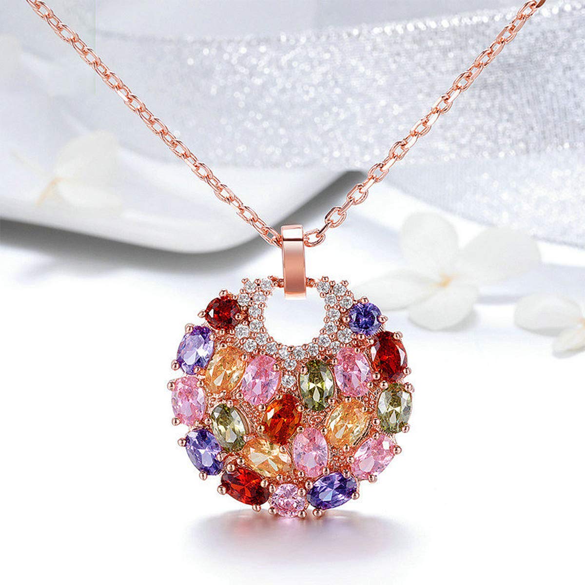 Merdia Crystal Colorized Cubic Zirconia Laminated Flower Pendant Necklace with 17.32+1.96 in Extender Chain for Women | Necklace extender | Crystal Necklace | Flower Necklace |Silver Multi Color Necklace - Image 3