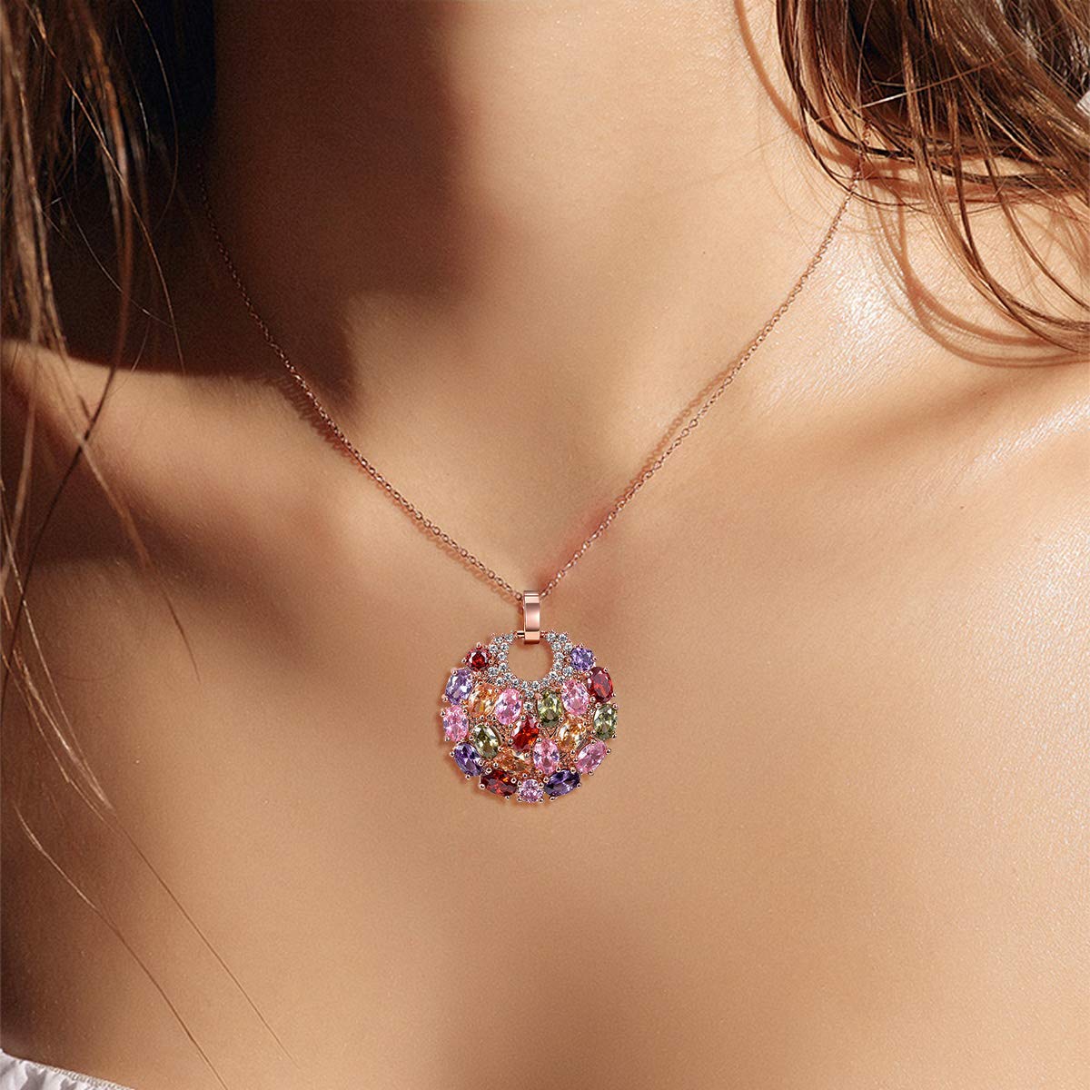 Merdia Crystal Colorized Cubic Zirconia Laminated Flower Pendant Necklace with 17.32+1.96 in Extender Chain for Women | Necklace extender | Crystal Necklace | Flower Necklace |Silver Multi Color Necklace - Image 6