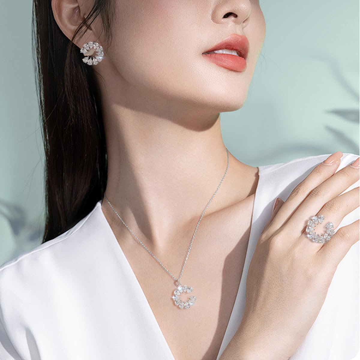 Merdia Fashion Jewelry Set for Women Cats Eye Teardrop and Created Crystal, Cubic Zirconia Pendant Necklace and Earrings Ring Set - Image 6