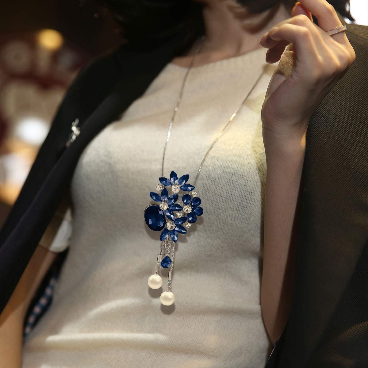 Merdia Flower Leaf Bouquet Created Crystal Pendant Long Chain Sweater Necklace | Long Necklaces for Women | Flower Necklaces for women | Long Chain Necklace for Women | Crystal Necklaces for Women - Image 5