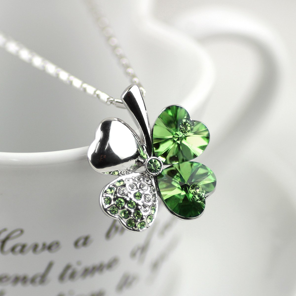 Merdia Four Leaf Clover Heart-shaped Crystal Pendant Necklace | Necklaces for Women | Heart Necklace | Silver necklace for Women | Womens Gifts | Heart Pendant Necklace | 4 Leaf Clover Necklace - Image 3