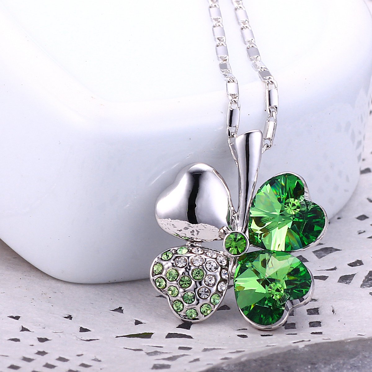 Merdia Four Leaf Clover Heart-shaped Crystal Pendant Necklace | Necklaces for Women | Heart Necklace | Silver necklace for Women | Womens Gifts | Heart Pendant Necklace | 4 Leaf Clover Necklace - Image 5