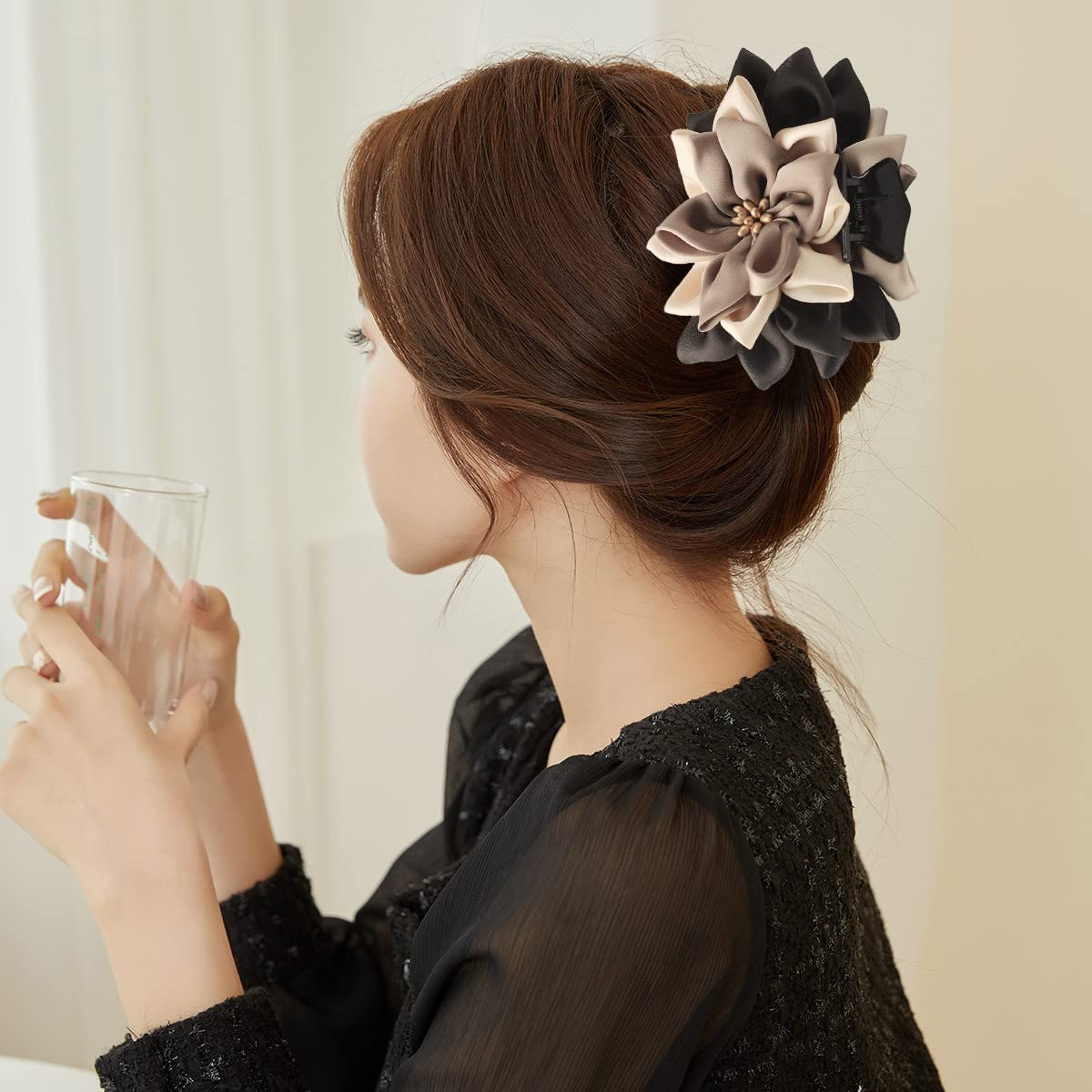 Merdia Hair Clip for Women, Flower Design, 11 CM, 47G, Black, Beige and Coffee - Image 6