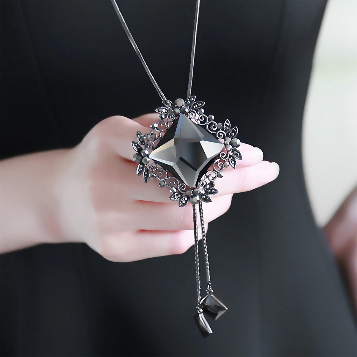 Merdia Long Chain Necklace With Rhombus Pendant and Sparkly Glass | Charm Jewelry for Women | Boho Long Pendant - Image 3