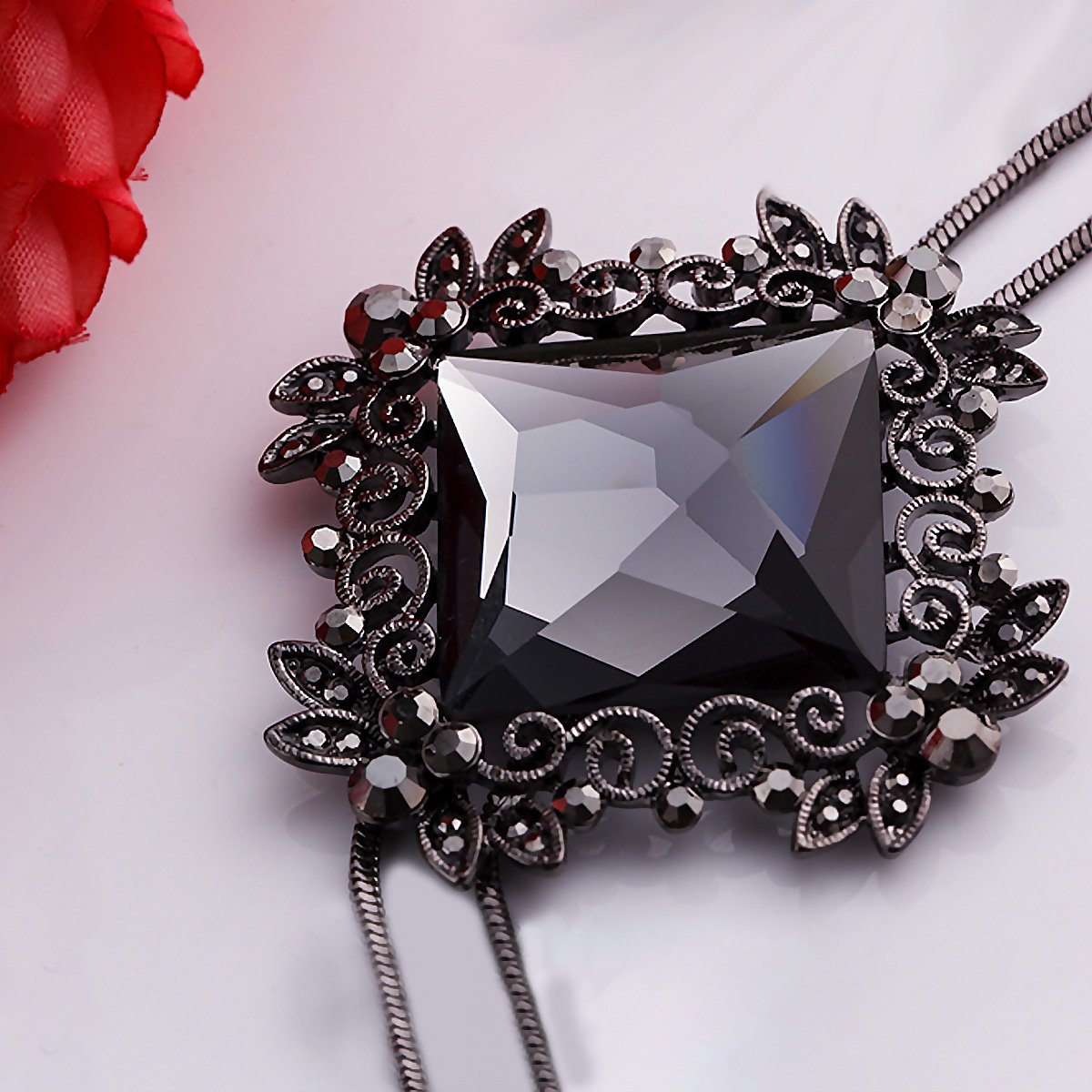 Merdia Long Chain Necklace With Rhombus Pendant and Sparkly Glass | Charm Jewelry for Women | Boho Long Pendant - Image 8