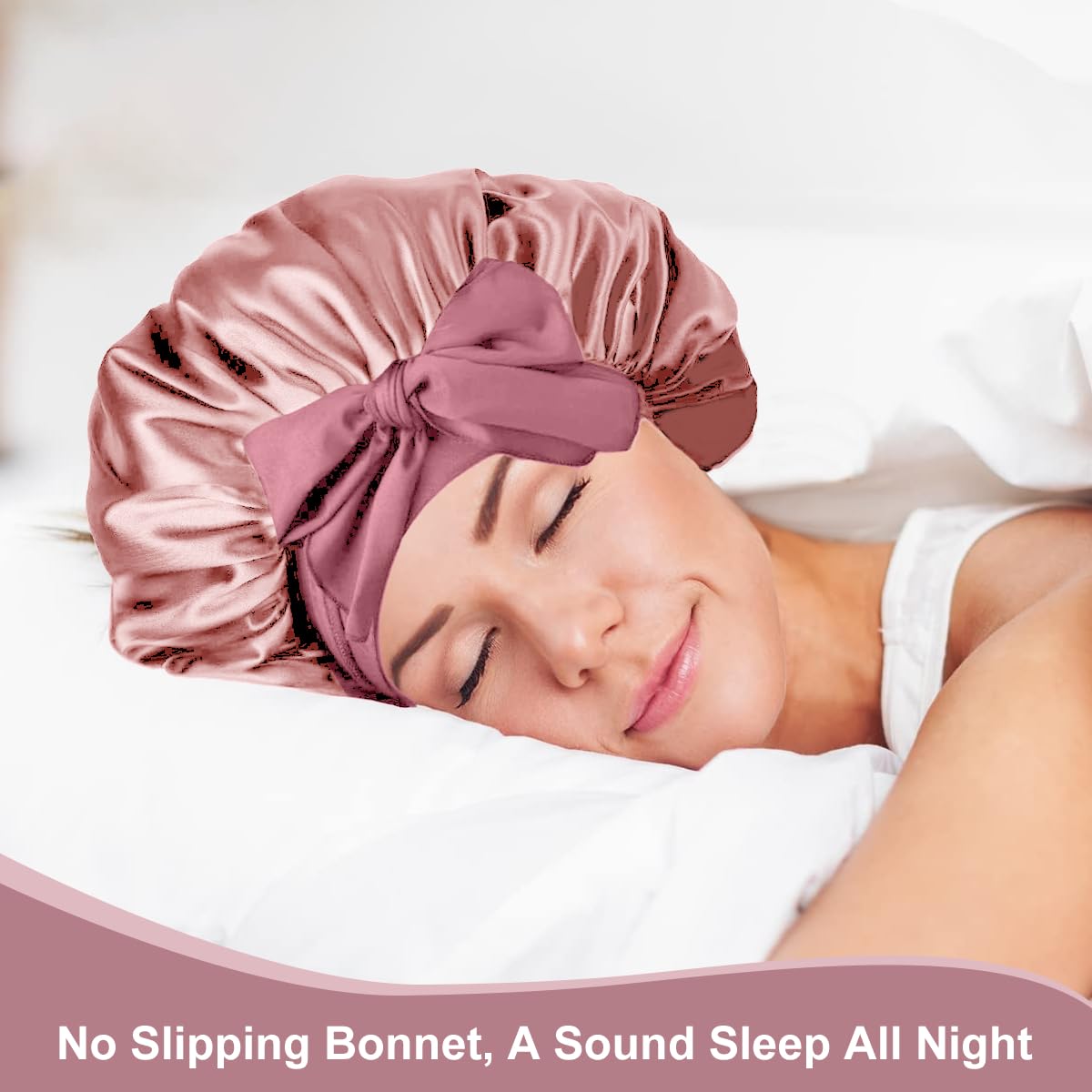 Merdia Satin Hair Bonnet for Women with Soft Elastic Tie Band | Elastic and Reusable Shower Hair Caps | Satin Bonnet for Sleeping Women, Shower Caps | Double Layers Hair Cap | 15 Inches, Dark Pink - Image 6