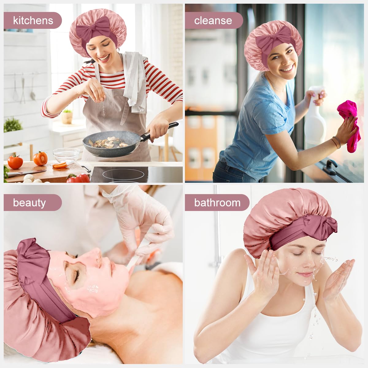 Merdia Satin Hair Bonnet for Women with Soft Elastic Tie Band | Elastic and Reusable Shower Hair Caps | Satin Bonnet for Sleeping Women, Shower Caps | Double Layers Hair Cap | 15 Inches, Dark Pink - Image 7