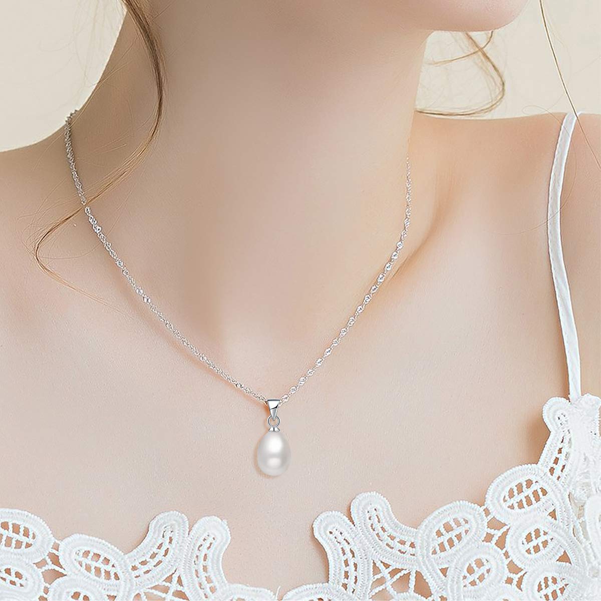 Merdia Sterling Silver Drop Shape Freshwater Cultured Pearl Necklace | Women's Pearl Pendant Necklace | Silver Jewelry - Image 4