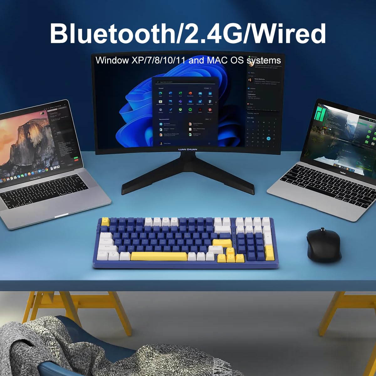 Merdia Wireless Mechanical Keyboard, Triple Mode 2.4G/USB-C/BT Gaming Keyboards 100 Keys Ice-Blue Backlit, Brown Switch Keyboard | Rechargeable Mechanical Gaming Keyboards | Blue/White/Yellow - Image 3