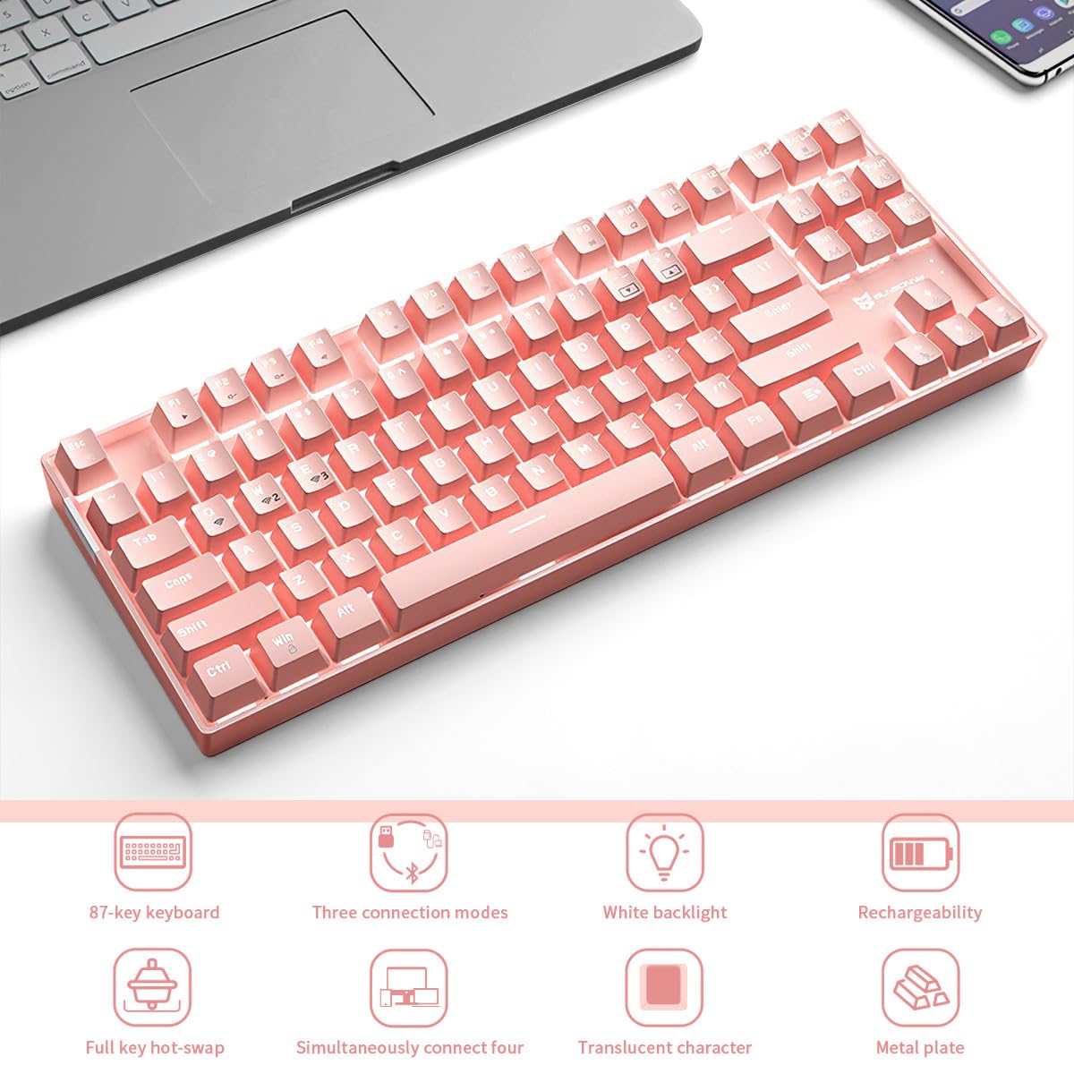 Merdia Wireless Mechanical Keyboard Triple Mode 2.4G/USB-C/BT Keyboards | 87 Keys Mechanical Gaming Keyboard & Hot-Swappable with White Backlit, 80% Blue Switch Keyboards, Pink - Image 6