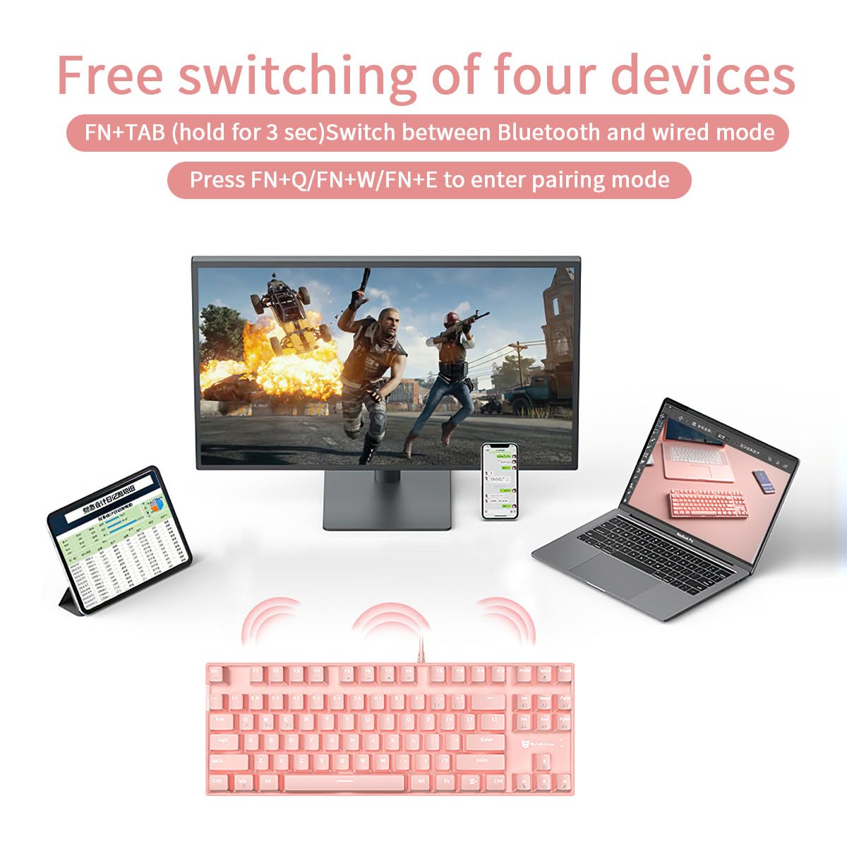 Merdia Wireless Mechanical Keyboard Triple Mode 2.4G/USB-C/BT Keyboards | 87 Keys Mechanical Gaming Keyboard & Hot-Swappable with White Backlit, 80% Blue Switch Keyboards, Pink - Image 7