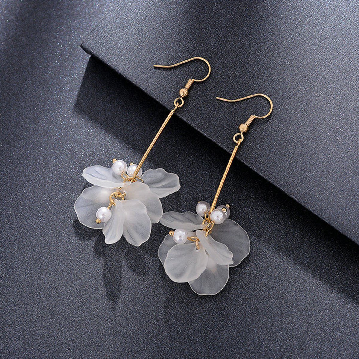 White Long Dangle Earrings Pearl Petals Drop Earrings for Women | Valentines Jewelry for Women with French Wire | Fashion Earrings for Women, Long Earrings for Women | Wedding Earrings for Bride - Image 3