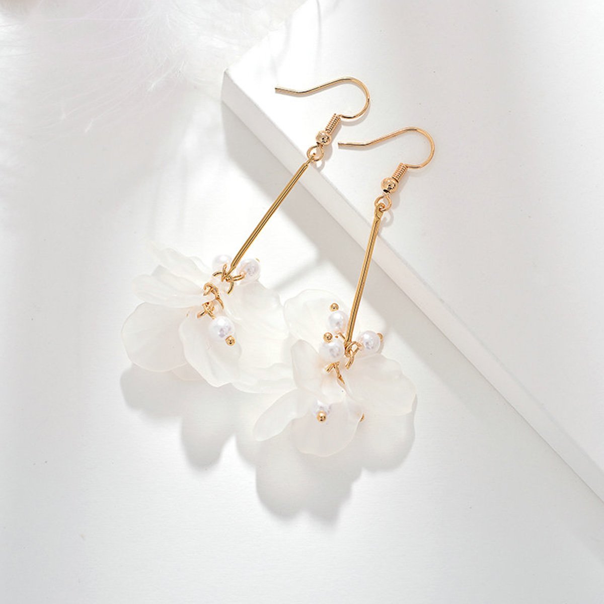 White Long Dangle Earrings Pearl Petals Drop Earrings for Women | Valentines Jewelry for Women with French Wire | Fashion Earrings for Women, Long Earrings for Women | Wedding Earrings for Bride - Image 5